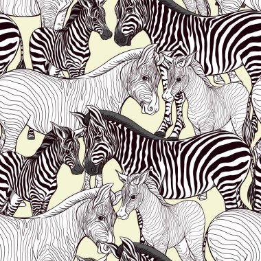 Dikişsiz desen, Yetişkin zebra ve zebra yavrusu arka plan. Vektör çizim.  