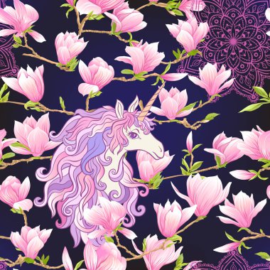 Pembe Manolya çiçek ile Seamless modeli. Vektör çizim.