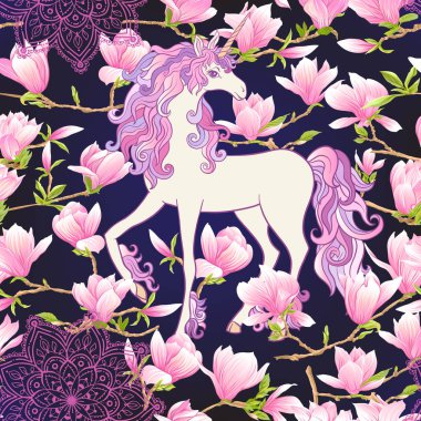 Pembe Manolya çiçek ile Seamless modeli. Vektör çizim.