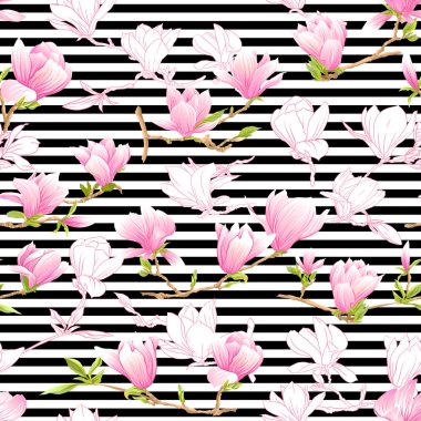 Pembe Manolya çiçek ile Seamless modeli. Vektör çizim.