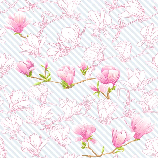 Patrón sin costuras con flores de magnolia rosa. Ilustración vectorial . — Vector de stock