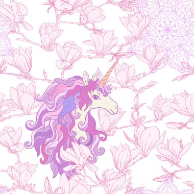 Pembe Manolya çiçek ile Seamless modeli. Vektör çizim.