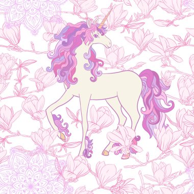 Pembe Manolya çiçek ile Seamless modeli. Vektör çizim.