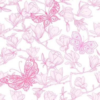 Pembe Manolya çiçek ile Seamless modeli. Vektör çizim.