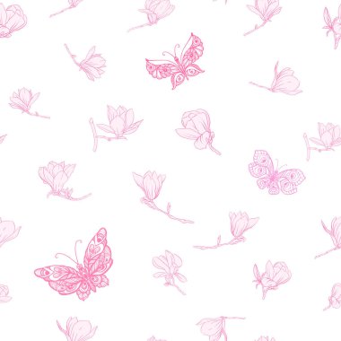 Pembe Manolya çiçek ile Seamless modeli. Vektör çizim.