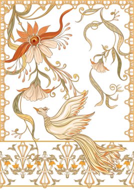 Poster, dekoratif çiçek ve kuş art nouveau tarzında arka plan