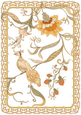 Poster, çiçek ve kuş art nouveau tarzında, vintage, retro tarzı ile arka plan. Vektör çizim. Anahat el çizimi. Sayfa renkli örnek yetişkin renklendirme kitapla için boyama için iyi