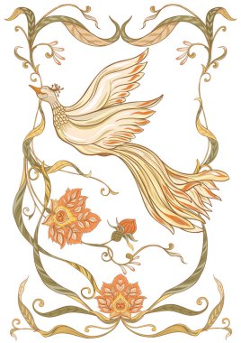 Poster, dekoratif çiçek ve kuş art nouveau tarzında arka plan