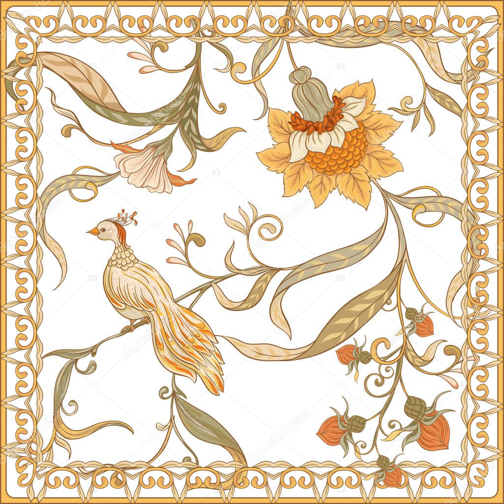 Poster, background with decorative flowers and bird in art nouveau style