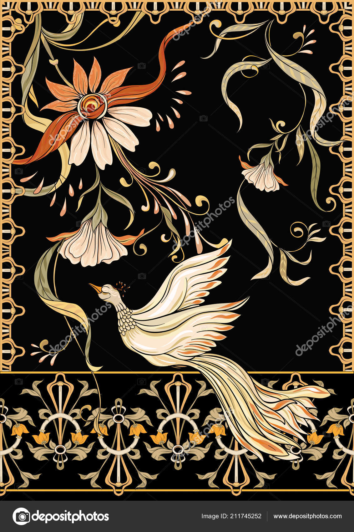 Poster, background with decorative flowers and birds in art nouveau ...