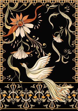 Poster, dekoratif çiçekler ve kuşlar art nouveau tarzında arka plan