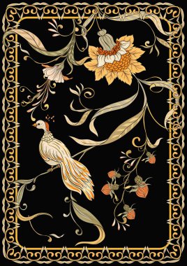 Poster, dekoratif çiçekler ve kuşlar art nouveau tarzında arka plan