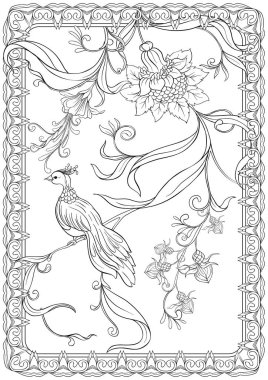 Poster, dekoratif çiçekler ve kuşlar art nouveau tarzında arka plan