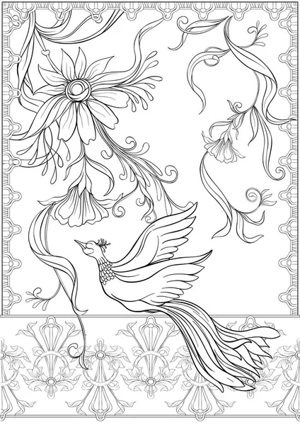 Poster, sfondo con fiori decorativi e uccelli in stile liberty — Vettoriale Stock