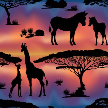 Dikişsiz desen, Afrika hayvanları siluetleri ile arka plan 