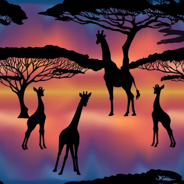 Dikişsiz desen, Afrika hayvanları siluetleri ile arka plan 