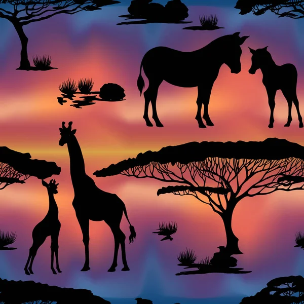 Dikişsiz desen, Afrika hayvanları siluetleri ile arka plan 