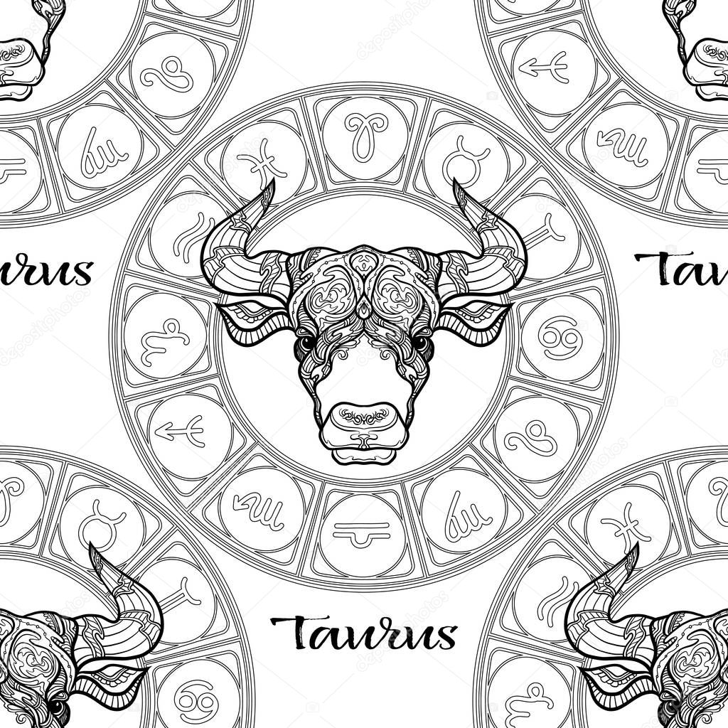 Seamless pattern with symbols of a horoscope, signs of the zodiac