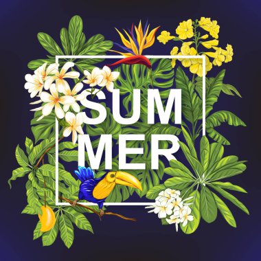 Şablon / poster, afiş, kartpostal ile tropik çiçekler ve bitkiler ve kuş