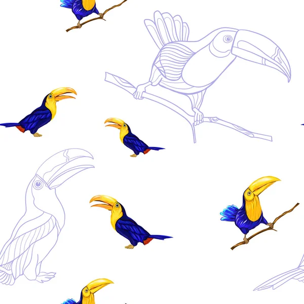 Modèle Sans Couture Fond Avec Toucans Dessin Réaliste Animalisme Illustration — Image vectorielle