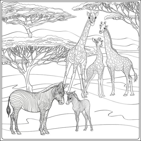 Bakgrund med afrikanska djur. Kontur vektor Illustration. — Stock vektor