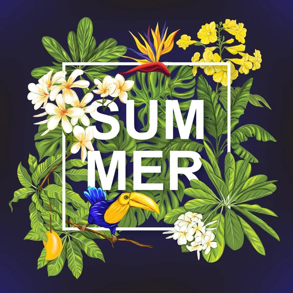 Modelo de cartaz, banner, cartão postal com flores tropicais e plantas e pássaro — Vetor de Stock