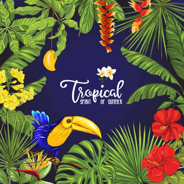 Шаблон плаката, баннера, открытки с тропическими цветами и растениями и птицей — стоковый вектор