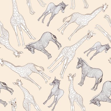 Dikişsiz desen, Yetişkin zebra, zürafa ve zebra ve zürafa arka plan yavrularını. Vektör çizim.  