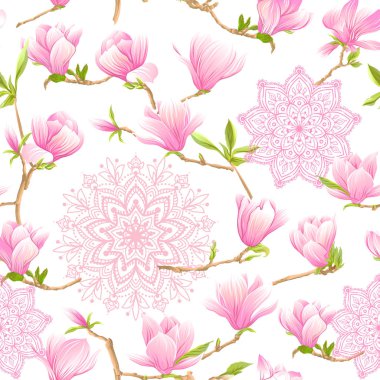 Pembe Manolya çiçek ile Seamless modeli. Vektör çizim.