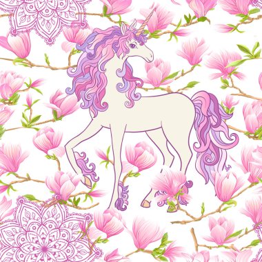 Pembe Manolya çiçek ile Seamless modeli. Vektör çizim.