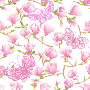 Pembe Manolya çiçek ile Seamless modeli. Vektör çizim.