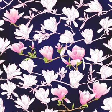 Pembe Manolya çiçek ile Seamless modeli. Vektör çizim.