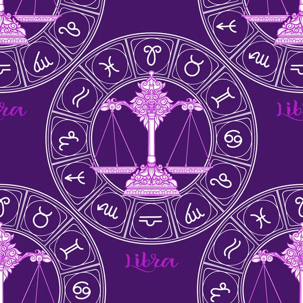 Seamless pattern with symbols of a horoscope, signs of the zodiac — Stock Vector