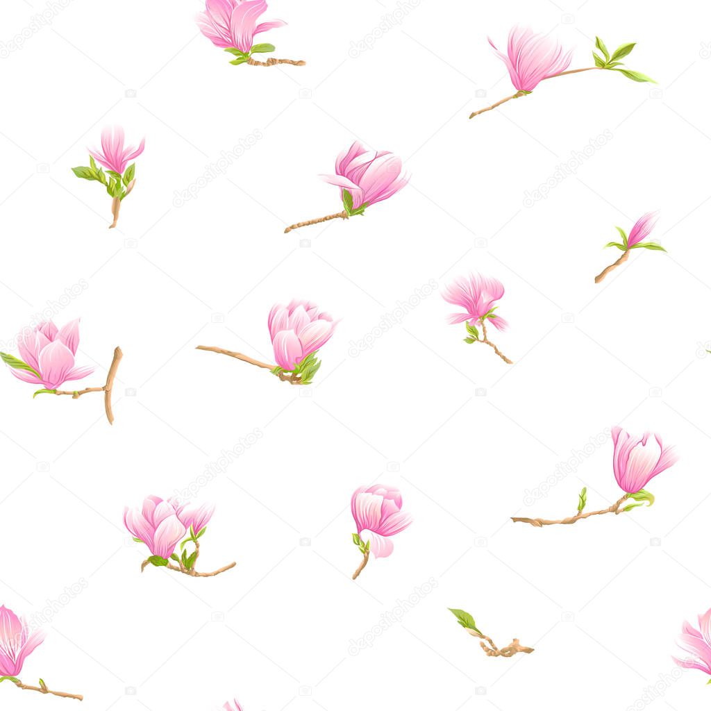 Seamless pattern with  pink magnolia flowers. Vector illustration.