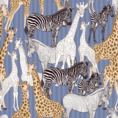 Dikişsiz desen, Yetişkin zebra, zürafa ve zebra ve zürafa arka plan yavrularını. Vektör çizim.  