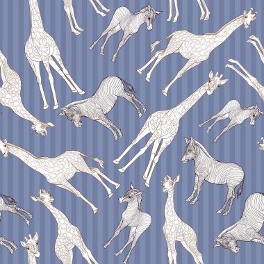 Dikişsiz desen, Yetişkin zebra, zürafa ve zebra ve zürafa arka plan yavrularını. Vektör çizim.  