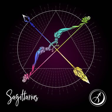 Yay, okçu, yay burcu. Astrolojik burç koleksiyonu. Siyah dackground üzerinde çok renkli. Vektör çizim