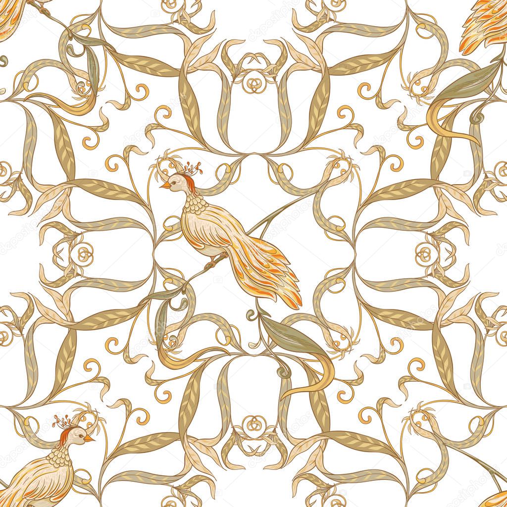 Vintage flowers and birds seamless pattern, background.