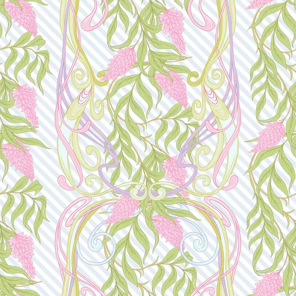 アール ヌーボー様式のシームレスなパターンで咲くピンク アカシア。ベクトル図 — ストックベクタ