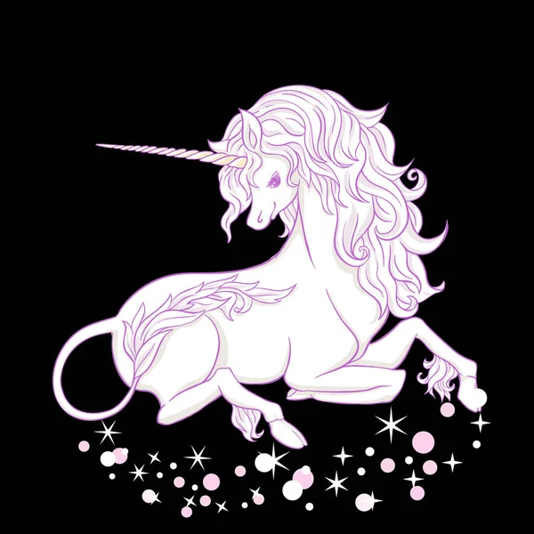 Unicorno Con Stelle Brillantini Isolati Sfondo Nero Illustrazione Vettoriale — Vettoriale Stock