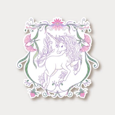 Vintage çerçeve ve çiçekler ile şirin, kawaii unicorn ile etiket 
