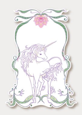 Vintage çerçeve ve çiçekler ile şirin, kawaii unicorn ile etiket 