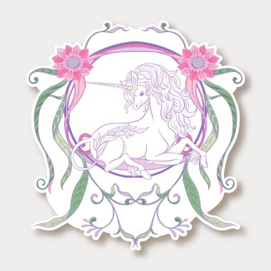 Vintage çerçeve ve çiçekler ile şirin, kawaii unicorn ile etiket 