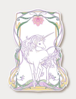 Vintage çerçeve ve çiçekler ile şirin, kawaii unicorn ile etiket 