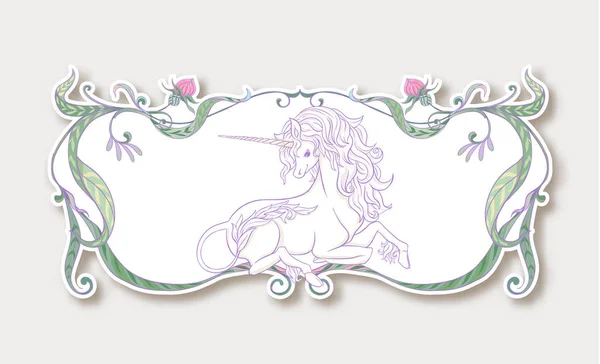 Pegatina con lindo unicornio kawaii con marco vintage y flores — Vector de stock