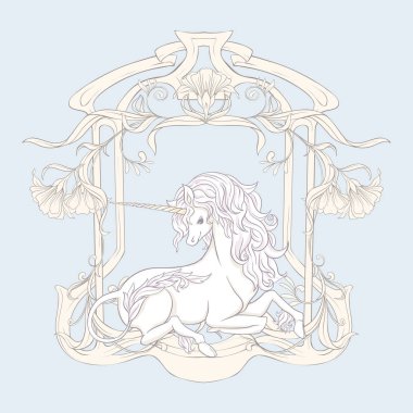 Tek boynuzlu at ve harika vintage çiçekler. Vektör çizim. 