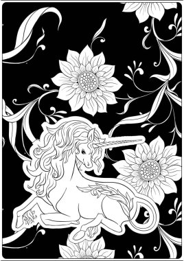 Tek boynuzlu at ve harika vintage çiçekler. Vektör çizim. 