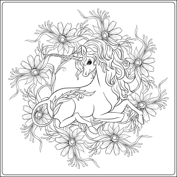 Unicorn and fantastic vintage flowers. Vector illustration. — Stock Vector