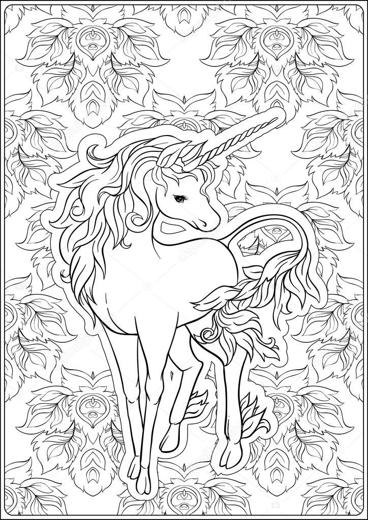 Unicorn and fantastic vintage flowers. Vector illustration. 