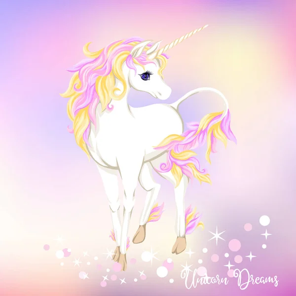 Unicorno bianco con criniera multicolore e stelle brillanti — Vettoriale Stock